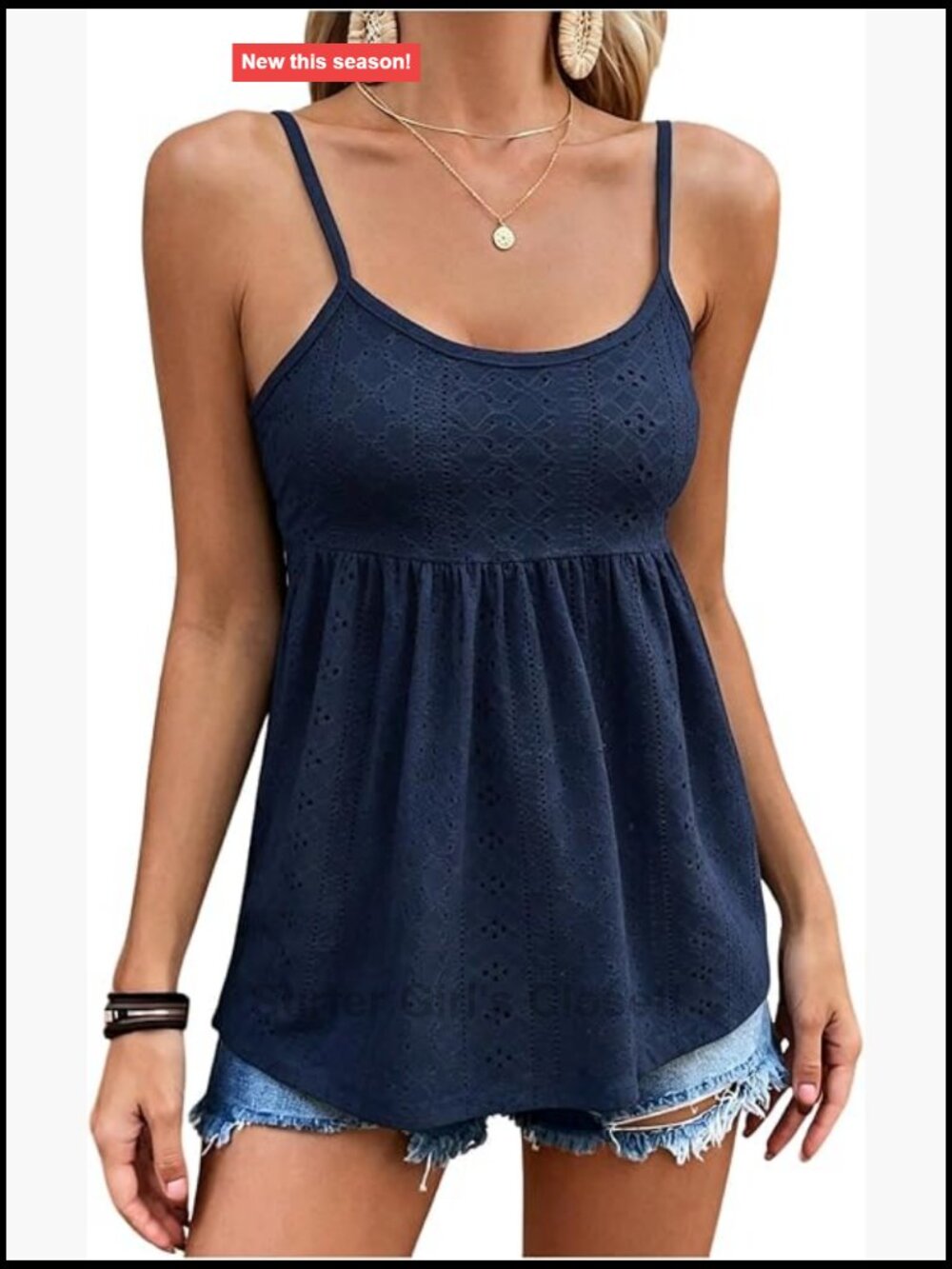 Spaghetti Strap Tank Top Flowy Peplum Eyelet Embroidery Cami